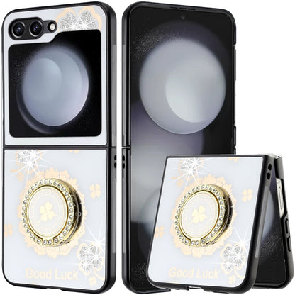 For Samsung Galaxy Z Flip 7 FE Diamonds 3D Fashion Floral Bling Sparkly Glitter Ornaments Engraving Hybrid with Ring Stand Case Cover White Good Luck Floral