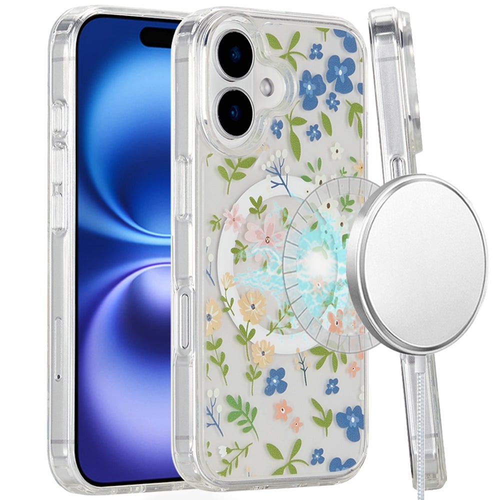 For Apple iPhone 16 Plus Cute Fashion Pattern Design, Durable Shockproof Slim TPU Hard Back, MagSafe Compatible Case Cover Galaxy Floral