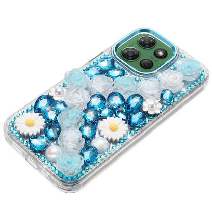 For Motorola Moto G Power 5G 2026 /2025 Fashion Daisy Floral Series, Full 3D Bling Crystal Diamonds Sparkling Rhinestone Glitter Hybrid Design Case Cover Blue