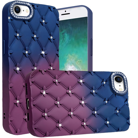 For Apple iPhone 17E /16E Fashion Flower Design Sparkle Glitter Shimmer Rhinestone Bling Floral Accents, Leather Texture TPU Case Cover