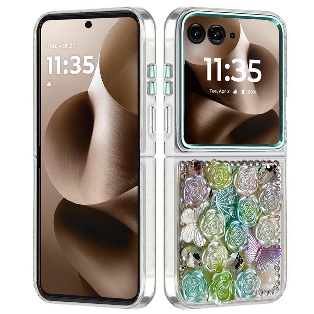 For Motorola Razr 2025 /2024 Muti-Color Floral Fashion Bling Crystal 3D Full Diamonds Stones Sparkle Rhinestone Glitter Hybrid Case Cover Green