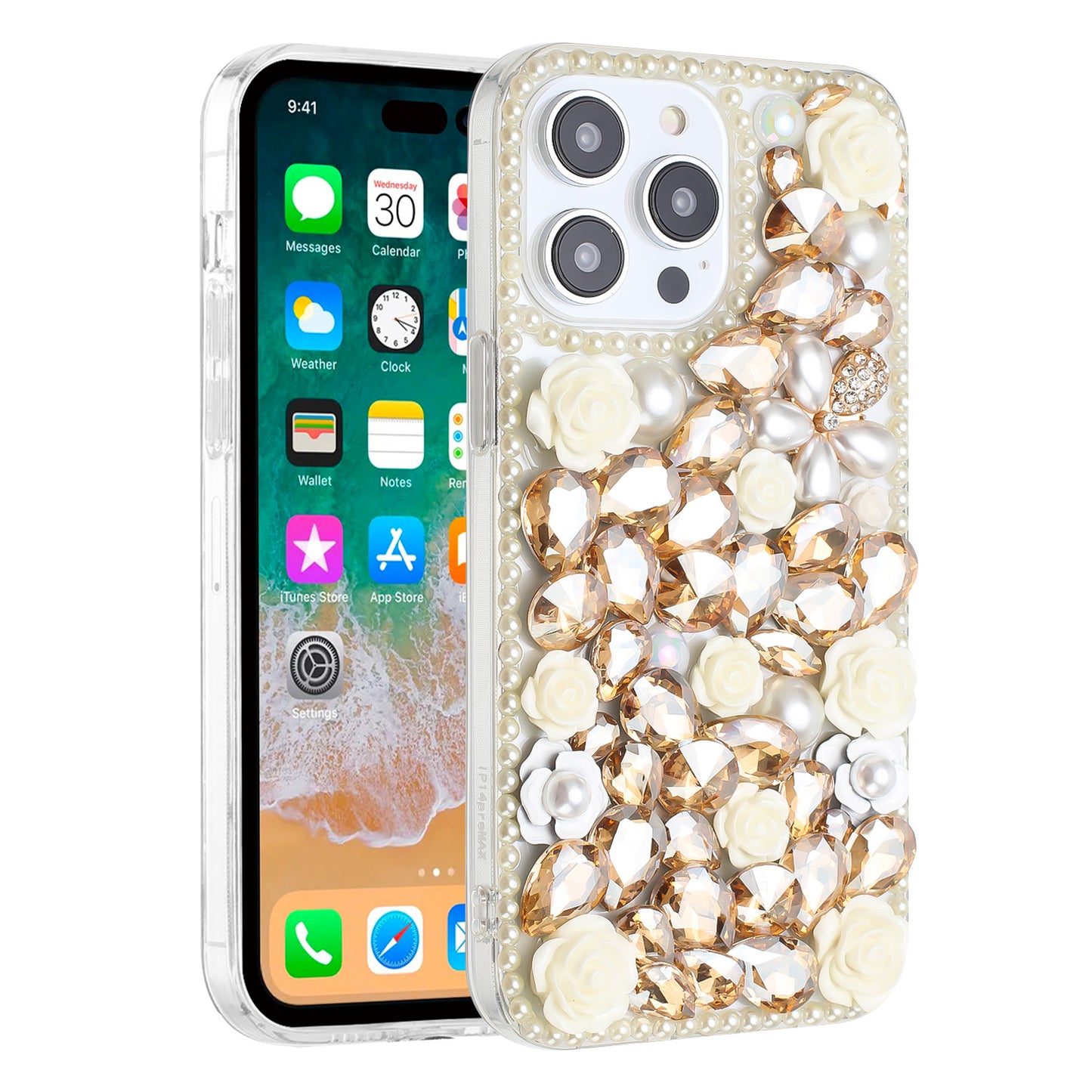 For iPhone 15 (6.1") Fashion Rose Flower Floral Bling Crystal 3D Full Diamonds Pearl Sparkle Rhinestone Glitter Hybrid Case Cover Yellow