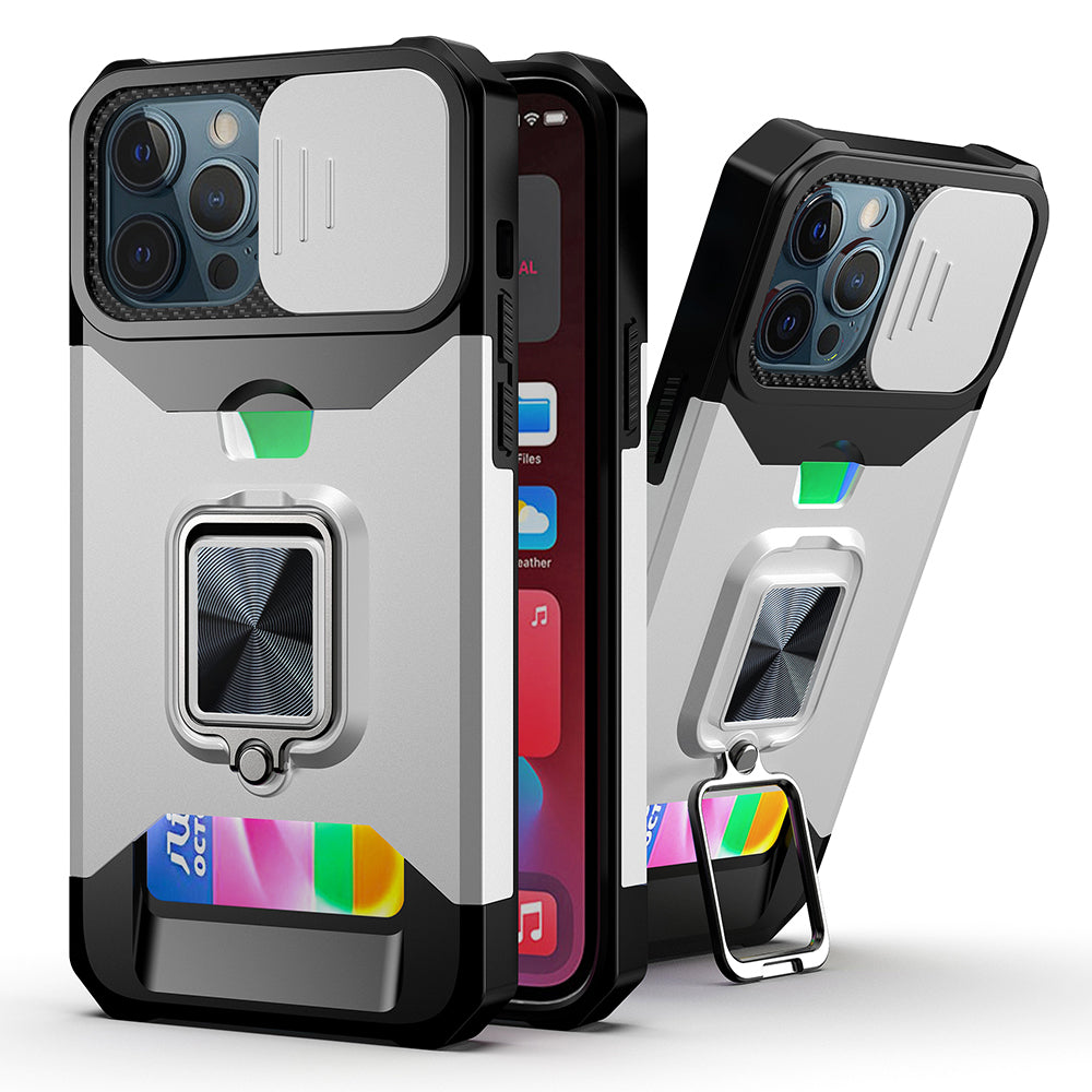 For Motorola Moto G 5G /Moto G 2025 Wallet Case with Ring Stand & Slide Camera Cover Back Credit Card Slot Holder, Military Grade Case Cover Silver