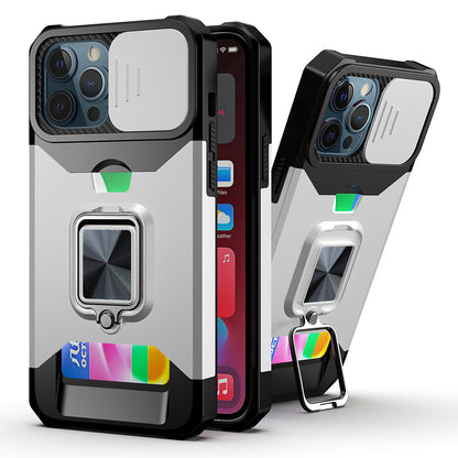 For Motorola Moto G 5G /Moto G 2025 Wallet Case with Ring Stand & Slide Camera Cover Back Credit Card Slot Holder, Military Grade Case Cover Silver