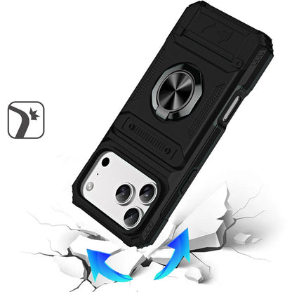 Phone Case for Apple iPhone 18 Pro Max Multi Functional Card Slot Shockproof Metal Ring Hybrid Wallet Rugged Protective Grip Heavy Duty Durable Cover Black