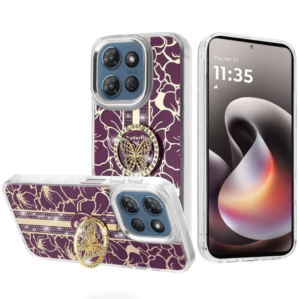 Phone Case for Moto G Stylus 5G 2026, Moto G Stylus 5G 2025 Floral Butterfly Ring Stand Glitter Bling Shockproof Hybrid Luxury Fashion Protective Anti Slip Durable Grip Cover Purple