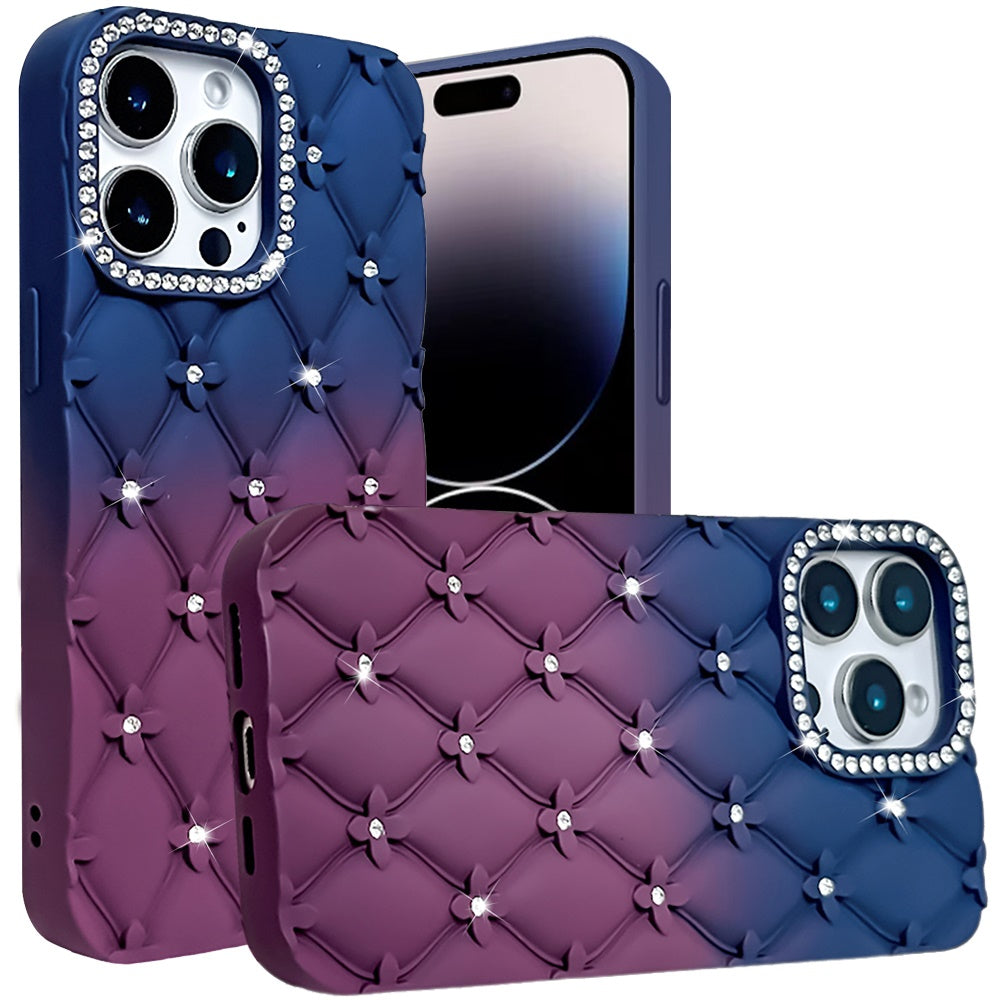 For Apple iPhone 16 Pro Max (6.9") Fashion Flower Design Sparkle Glitter Shimmer Rhinestone Bling Leather Feel Thick TPU Rubber Hard PC Case Cover