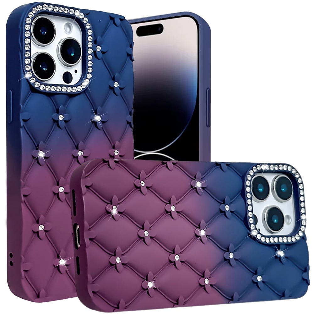 For iPhone 14 Pro Max (6.7") Fashion Flower Design Sparkle Glitter Shimmer Rhinestone Bling Floral Accents, Leather Texture TPU Case Cover
