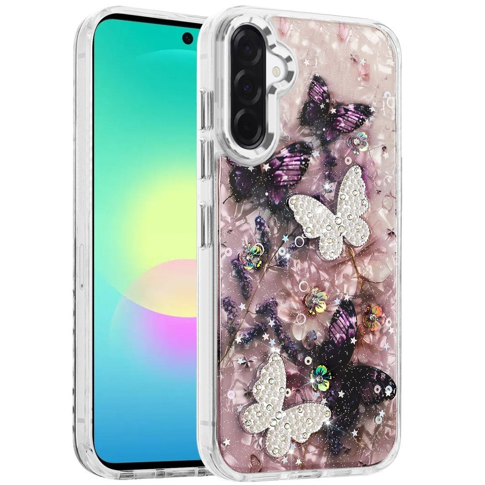 Phone Case for Samsung Galaxy A27 Glitter Butterfly Design Metal Buttons Shockproof Hybrid TPU + PC Durable Protective Slim Grip Stylish Cover