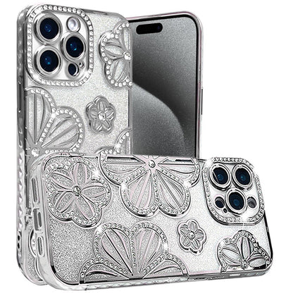 For Apple iPhone 15 Pro Max Luxury Flower Design Sparkle Glitter Diamond Rhinestone Shimmer Bling Plating Thick TPU Hard PC Case Cover