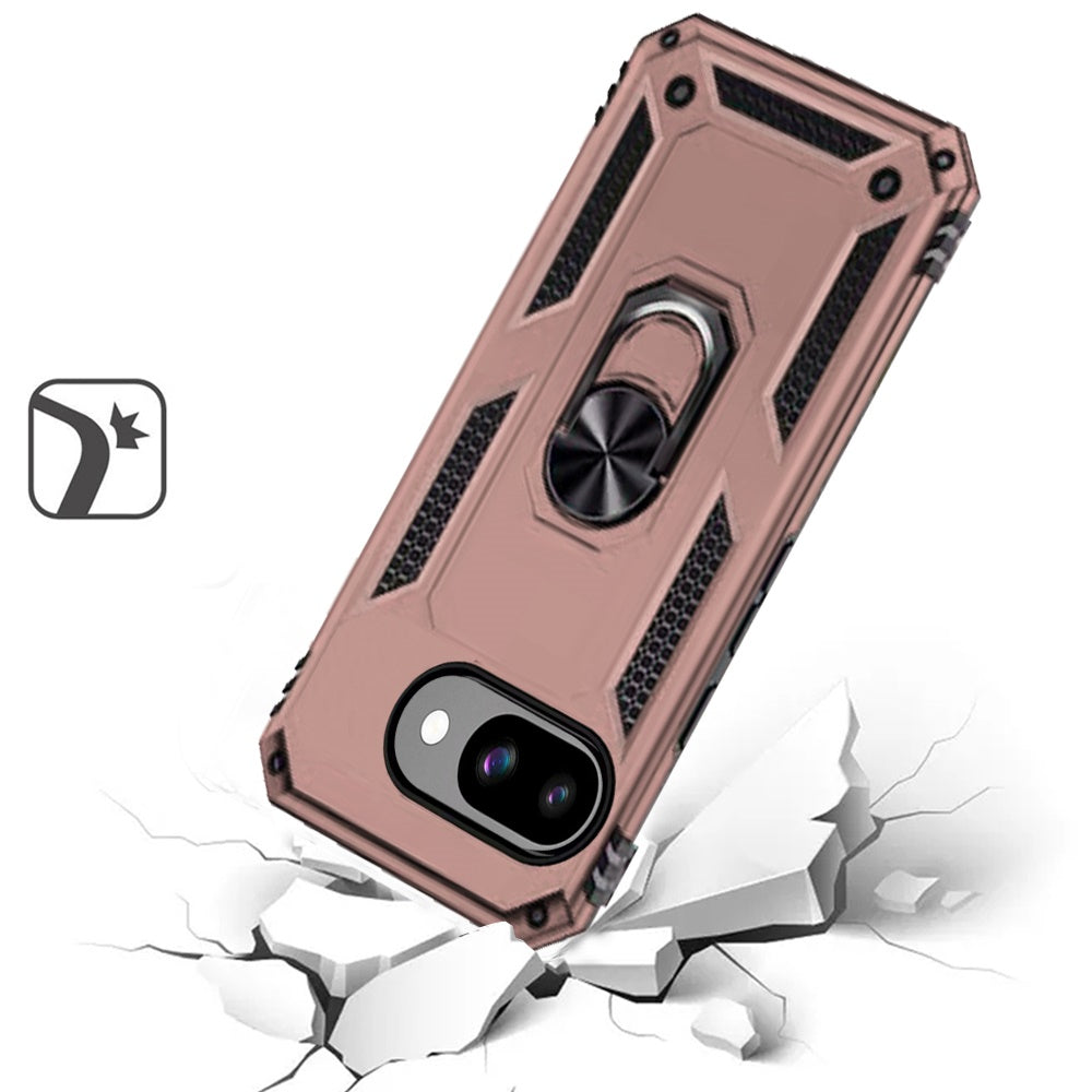 For Google Pixel 9A Hybrid Shockproof Durable 360 Degree Rotatable Ring Stand Holder Kickstand Fit Magnetic Car Mount Case Cover Rose Gold