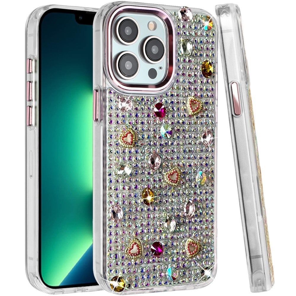 Phone Case for Apple iPhone 13 Pro Max Chrome Fashion Hybrid Bling Diamond Heart Rhinestone Decorative Stones Sparkling Embellished Design Cover