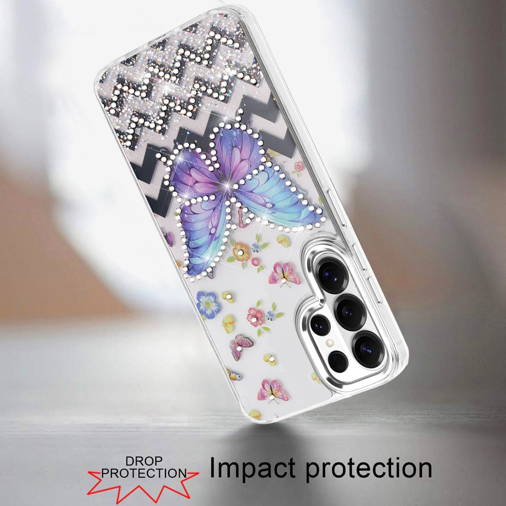 For Apple iPhone 17E /16E Butterfly Resin Epoxy Diamond Design Metal Edged Hybrid Shockproof Heavy Duty Drop Protection Case Cover