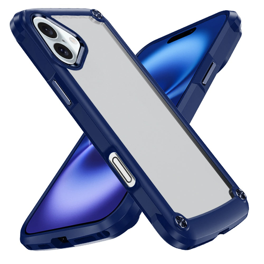 Phone Case for Apple iPhone 16 Ultimate Hybrid Transparent Rubber with Metal Buttons & Camera Edges, Hard TPU Frame Corner Bumper Cover Blue