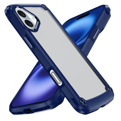 Phone Case for Apple iPhone 16 Ultimate Hybrid Transparent Rubber with Metal Buttons & Camera Edges, Hard TPU Frame Corner Bumper Cover Blue