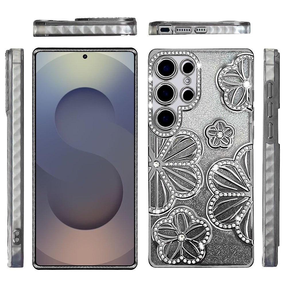 For Samsung Galaxy S25 Ultra Luxury Flower Design Sparkle Glitter Diamond Rhinestone Shimmer Bling Plating Thick TPU Hard PC Case Cover