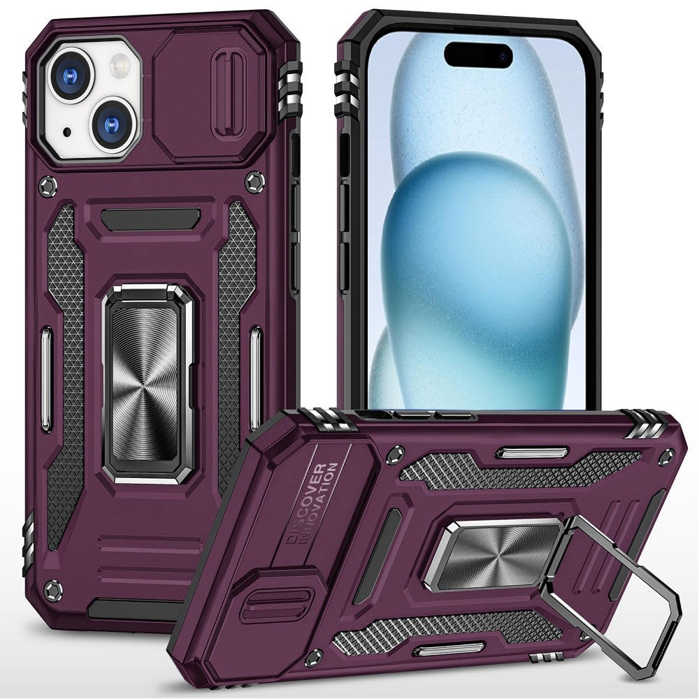 Phone Case for Apple iPhone 15 Plus Tough Metal Ring Shockproof Sliding Camera Window Hybrid Armor Rugged Anti Slip Heavy Duty Grip Cover Purple