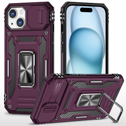 Phone Case for Apple iPhone 15 Plus Tough Metal Ring Shockproof Sliding Camera Window Hybrid Armor Rugged Anti Slip Heavy Duty Grip Cover Purple