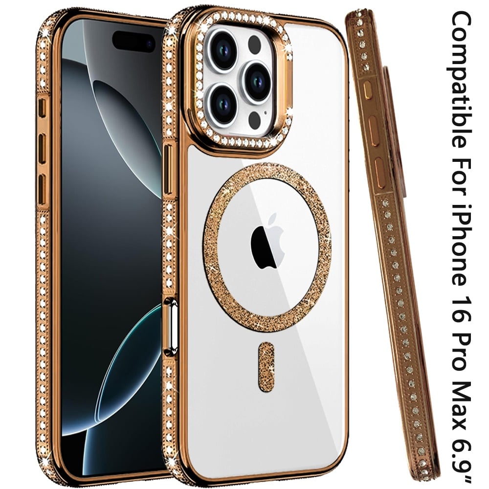Phone Case for Apple iPhone 16 Pro Max Luxury Diamond Bling Edged Magnetic Glitter Shockproof Hybrid with Camera Kickstand Durable Grip Cover Gold