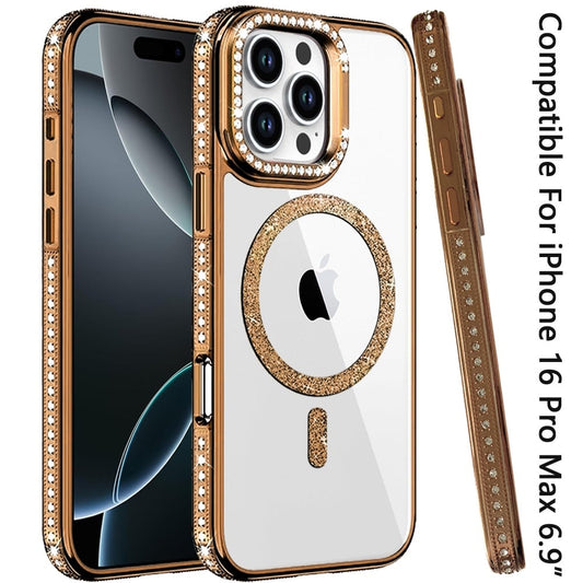Phone Case for Apple iPhone 16 Pro Max Luxury Diamond Bling Edged Magnetic Glitter Shockproof Hybrid with Camera Kickstand Durable Grip Cover Gold