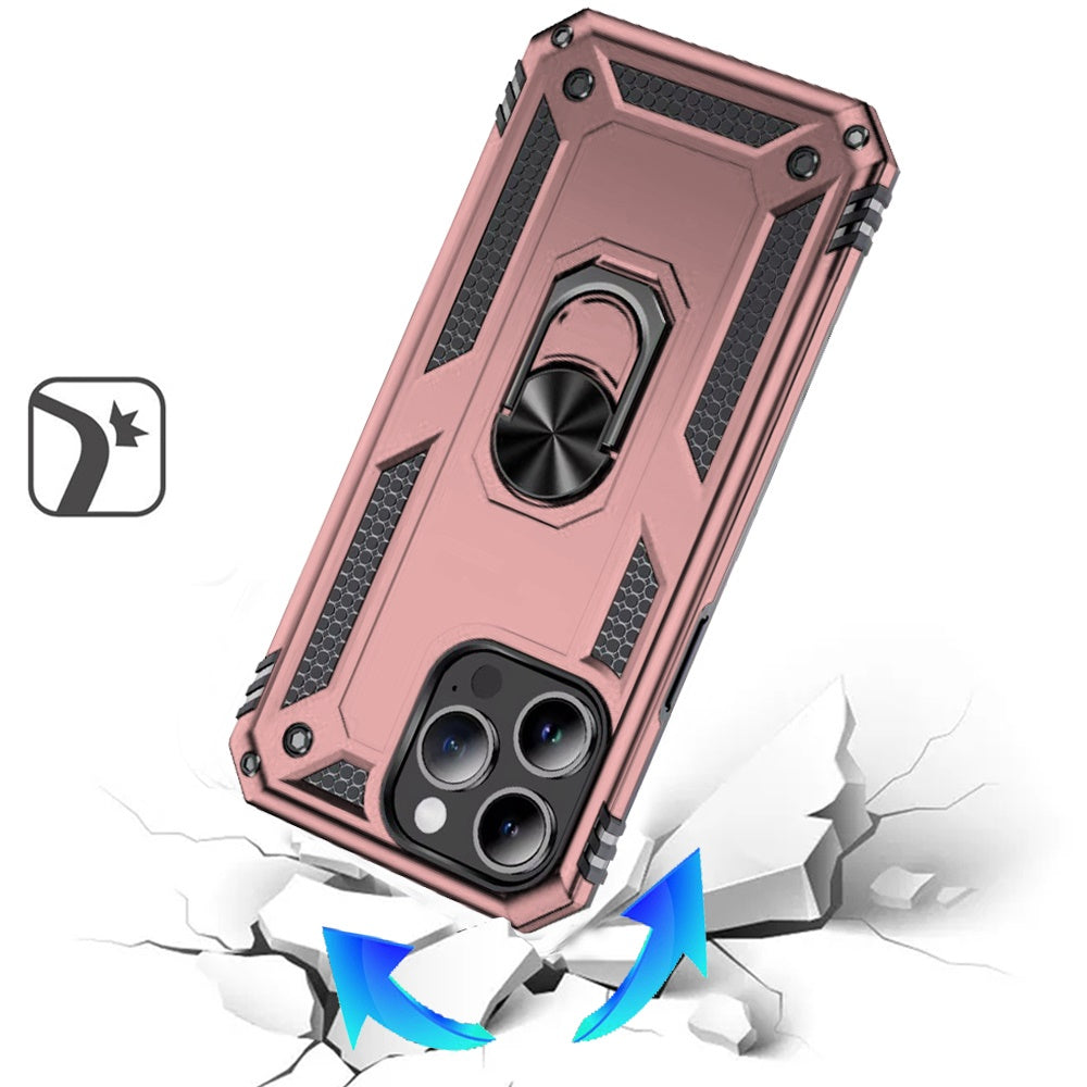 Phone Case for Apple iPhone 13 Pro Rotatable Ring Stand Shockproof Hybrid Armor Anti Slip Heavy Duty Fit Magnetic Car Mount Durable Grip Cover Gold