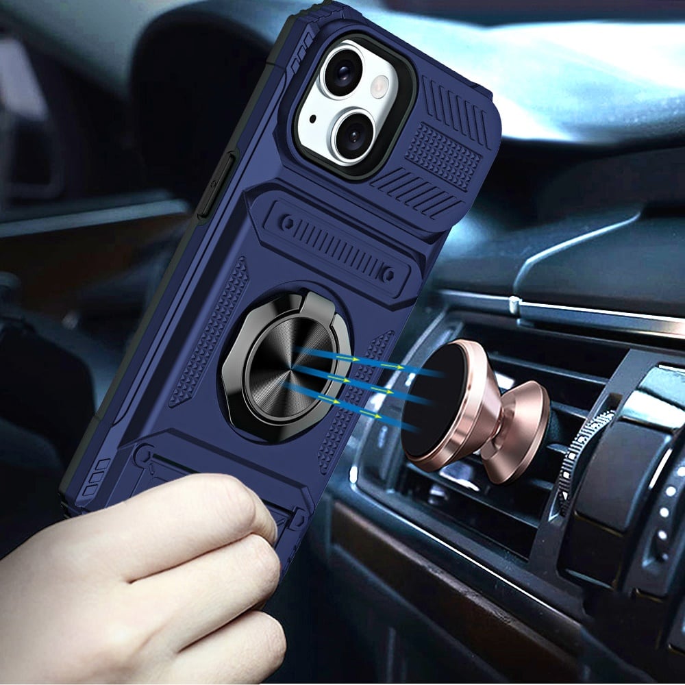 Phone Case for Apple iPhone 15 Multi Functional Card Slot Shockproof Metal Ring Hybrid Wallet Rugged Protective Grip Heavy Duty Durable Cover Blue