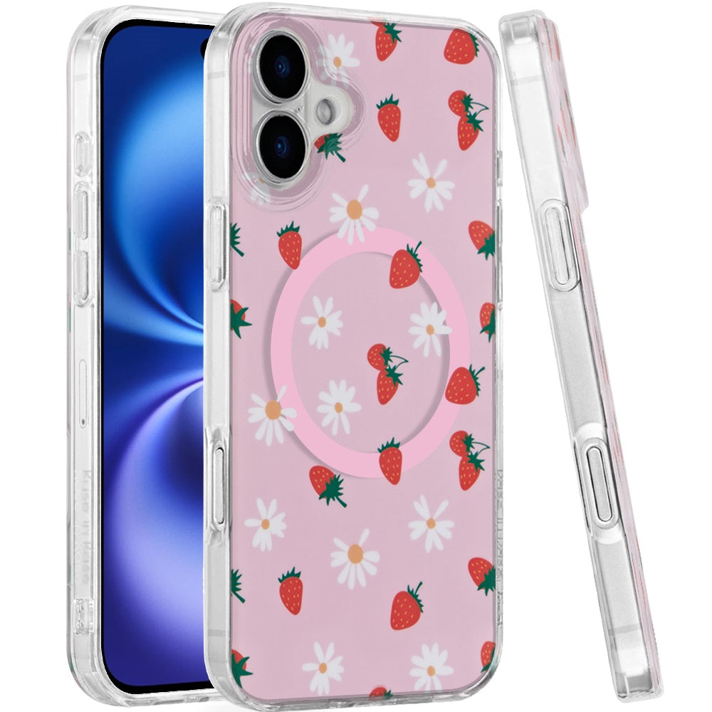 For Apple iPhone 17 AIR Stylish Pattern Fashion IMD Printed Design TPU Double Layer Slim Shockproof with Magnetic Back Case Cover Strawberry Daisy