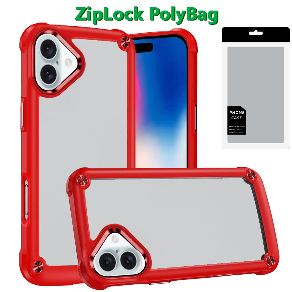 For iPhone 16 (6.1") Hybrid Transparent Rubber with Metal Buttons & Camera Edges Hard TPU Corner Frame Bumper Case Cover Red