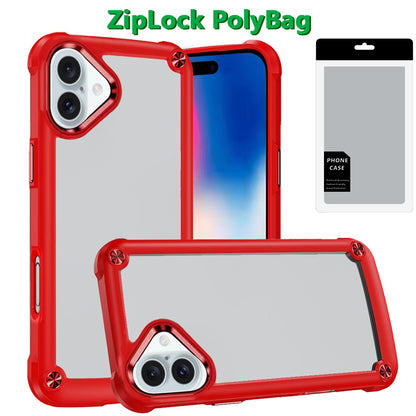 For iPhone 16 (6.1") Hybrid Transparent Rubber with Metal Buttons & Camera Edges Hard TPU Corner Frame Bumper Case Cover Red