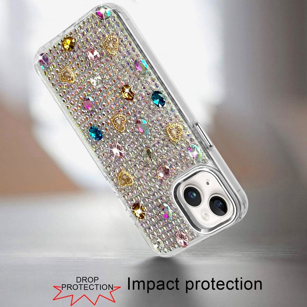Phone Case for Apple iPhone 15 Plus Chrome Fashion Hybrid Bling Diamond Heart Rhinestone Decorative Stones Sparkling Embellished Design Cover