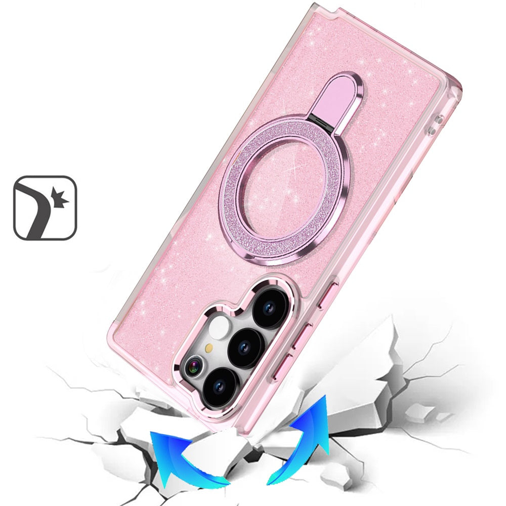 For Samsung Galaxy S26 Ultra Transparent Glitter Bling Case with Rotating Magnetic Ring Stand, Shockproof Hybrid Case Cover