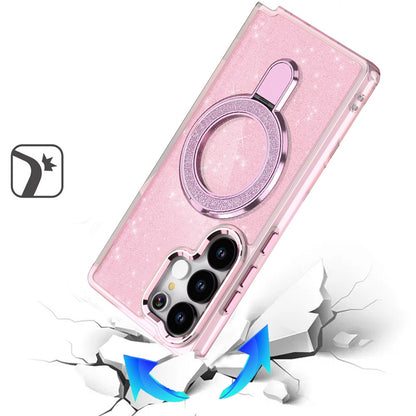 For Samsung Galaxy S26 Ultra Transparent Glitter Bling Case with Rotating Magnetic Ring Stand, Shockproof Hybrid Case Cover