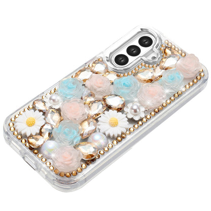 For Samsung Galaxy S25 /S24 Fashion Daisy Floral Series, Full 3D Bling Crystal Diamonds Sparkling Rhinestone Glitter Hybrid Design Case Cover