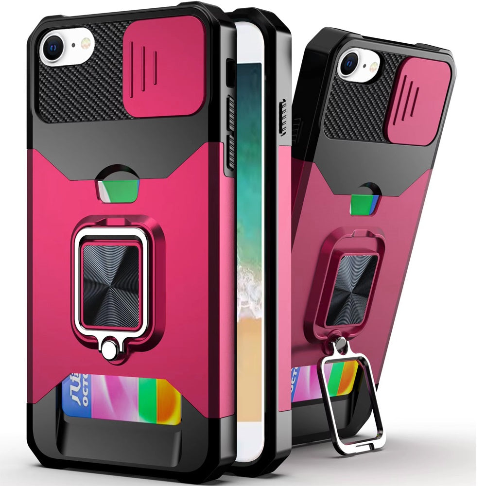 For Apple iPhone 16e Wallet Case with Ring Stand & Slide Camera Cover Back Credit Card Slot Holder, Military Grade Case Cover Hot Pink