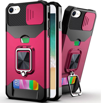 For Apple iPhone 16e Wallet Case with Ring Stand & Slide Camera Cover Back Credit Card Slot Holder, Military Grade Case Cover Hot Pink