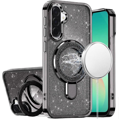 Phone Case for Samsung Galaxy A27 Transparent Glitter Bling Magnetic Ring Stand Shockproof Anti Slip Rotating Grip Protective Hybrid Durable Armor Cover