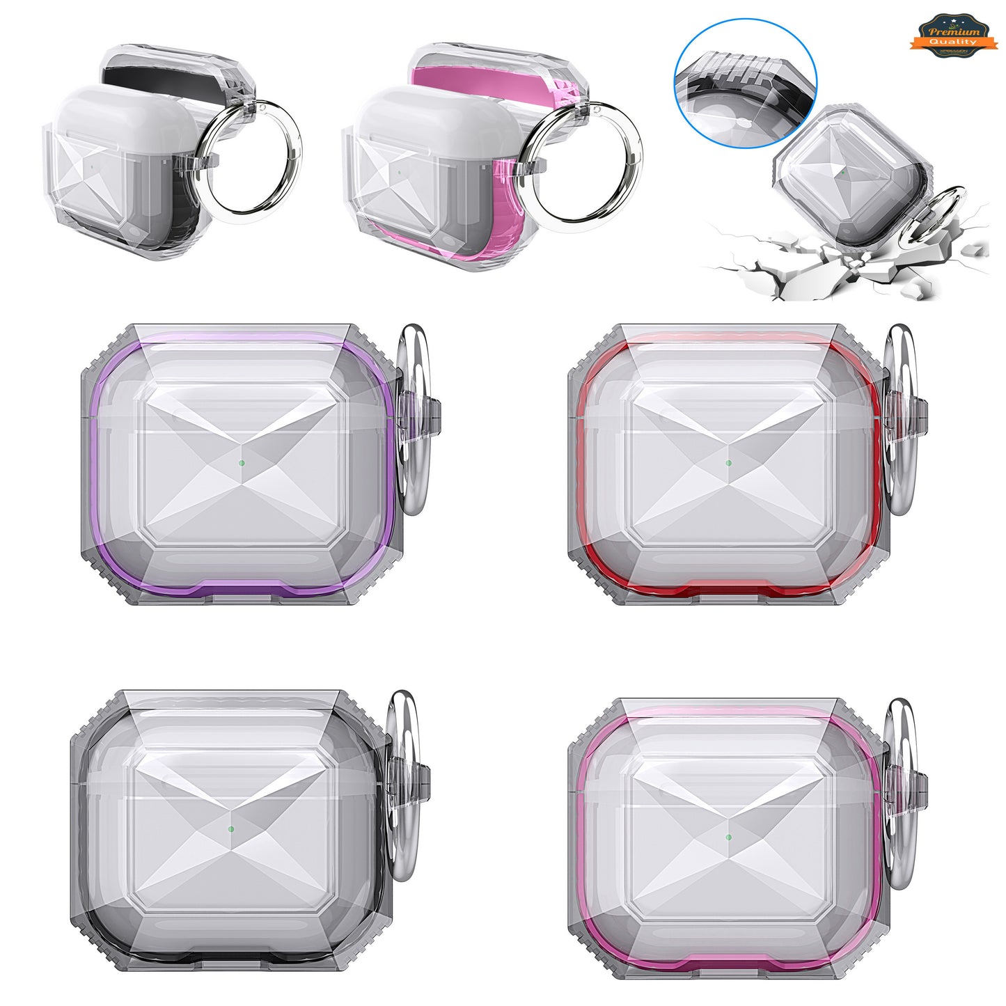 For Airpods Pro 3 (2025) Transparent Diamond Clear Design Shock-Resistant Dustproof [Visible Front LED] [Wireless Charging] with Carabiner Case Cover