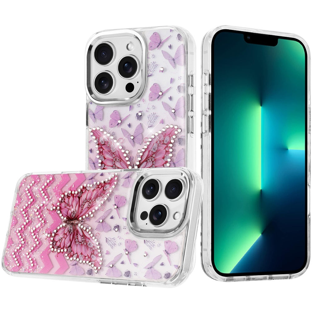 For Apple iPhone 13 Pro Max Butterfly Resin Epoxy Diamond Design Metal Edged Hybrid Shockproof Heavy Duty Drop Protection Case Cover
