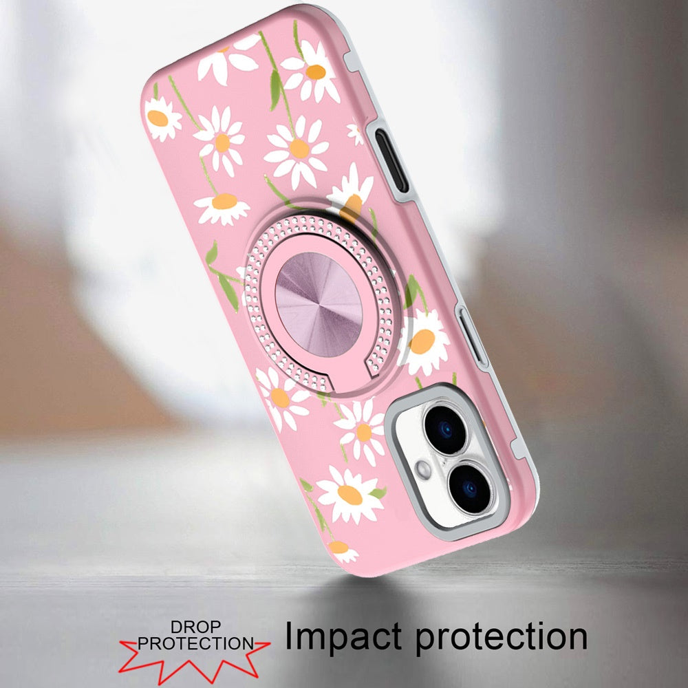 For iPhone 16 (6.1") Pattern Design Hybrid with Invisible Ring Stand & Magnetic Back, Shockproof Protective Grip Case Cover