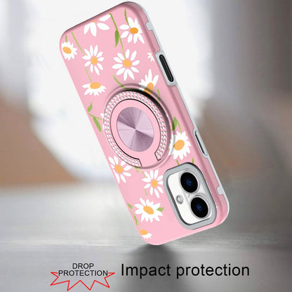 For iPhone 16 (6.1") Pattern Design Hybrid with Invisible Ring Stand & Magnetic Back, Shockproof Protective Grip Case Cover