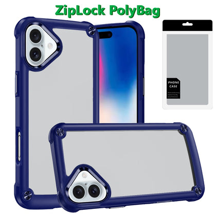 For iPhone 16 (6.1") Hybrid Transparent Rubber with Metal Buttons & Camera Edges Hard TPU Corner Frame Bumper Case Cover Red