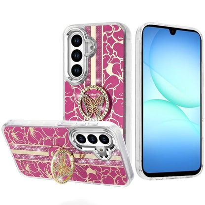 For Samsung Galaxy S25 Fan Edition /Galaxy S25 FE Diamonds 3D Butterfly Floral Design Bling Sparkly Glitter Hybrid Metal Fashion with Ring Stand Case Cover
