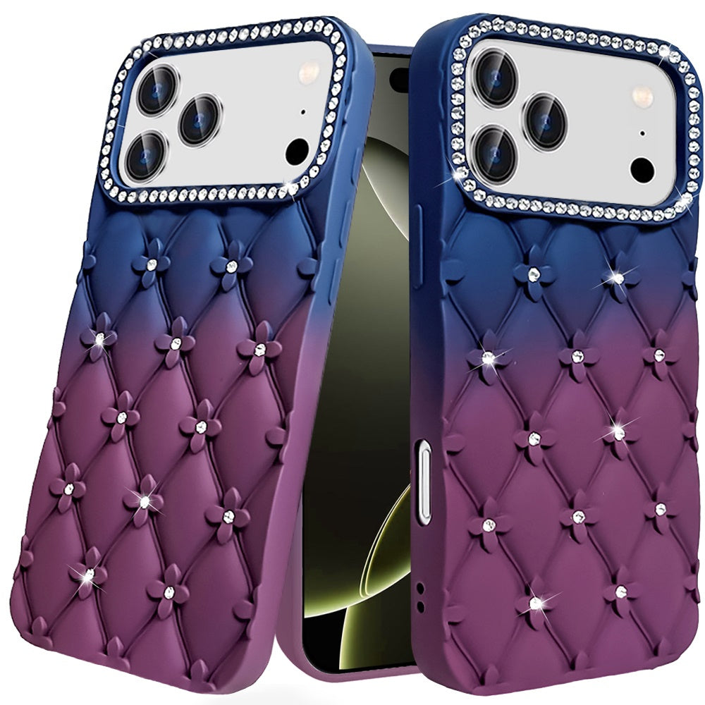 For Apple iPhone 17 Pro (6.3") Fashion Flower Design Sparkle Glitter Shimmer Rhinestone Bling Floral Accents, Leather Texture TPU Case Cover