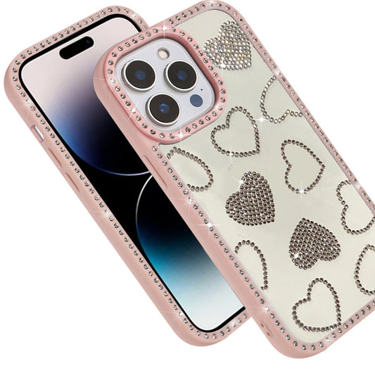 Phone Case for Apple iPhone 14 Pro Max Spread Love Hearts Glitter Shimmer Bling Diamond Edge Shockproof Hybrid Stylish Protective Slim Grip Designer Cover Pink