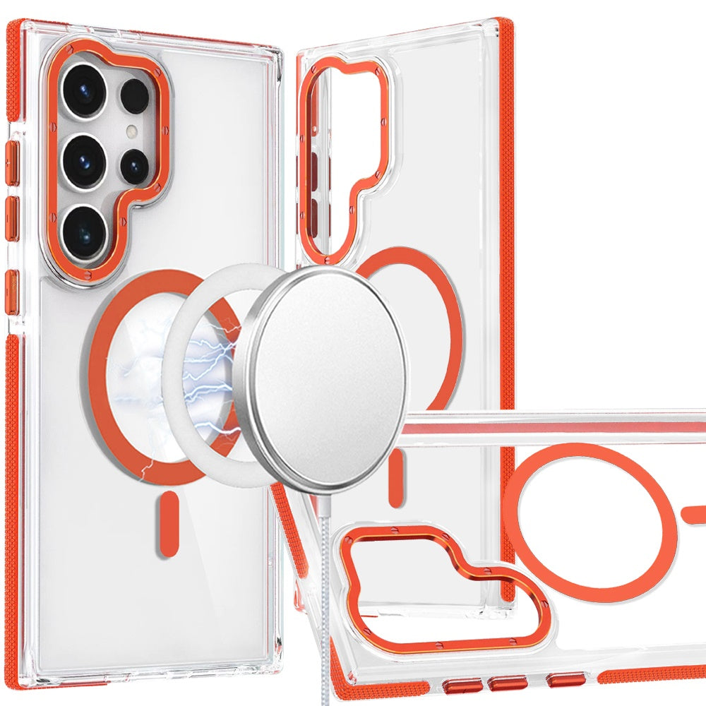 For Samsung Galaxy S25 Ultra Transparent back with Colorful Frame Strong Magnetic Circle [Compatible with Magsafe] Slim Case Cover Orange