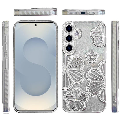 For Samsung Galaxy S26+ / S26 Plus Luxury Flower Design Sparkle Glitter Diamond Rhinestone Shimmer Bling Plating Thick TPU Hard PC Case Cover