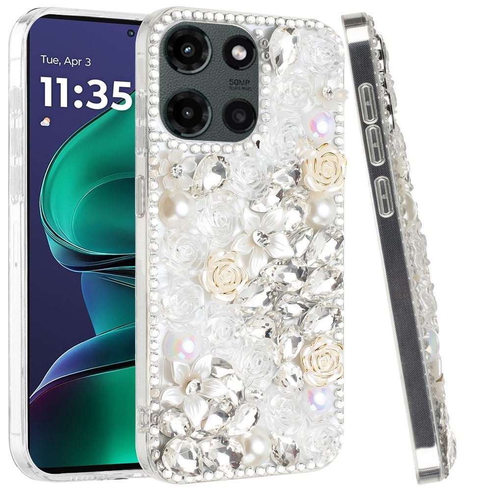 For Motorola Moto G Stylus 5G 2026 /2025 Fashion Rose Flower Floral, 3D Bling Crystal Full Diamonds Pearl Sparkle Rhinestone Glitter Hybrid Case Cover