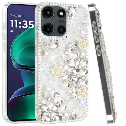 For Motorola Moto G Stylus 5G 2026 /2025 Fashion Rose Flower Floral, 3D Bling Crystal Full Diamonds Pearl Sparkle Rhinestone Glitter Hybrid Case Cover