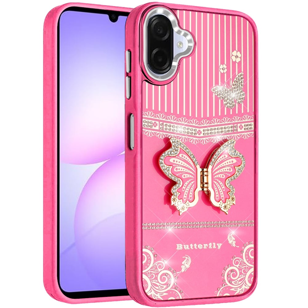 Phone Case Cover for Samsung Galaxy A07 4G Glitter 3D Butterfly Design Bling Metallic Edge Hybrid Stand Drop Protection TPU Shockproof Cover