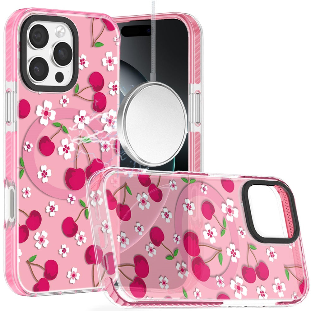 Phone Case for Apple iPhone 16 Pro Max Magnetic Hybrid IMD Floral Compatible with MagSafe Shockproof Slim Hybrid Fashion Design TPU Protective Cover Cherry Sprinkle on Pink